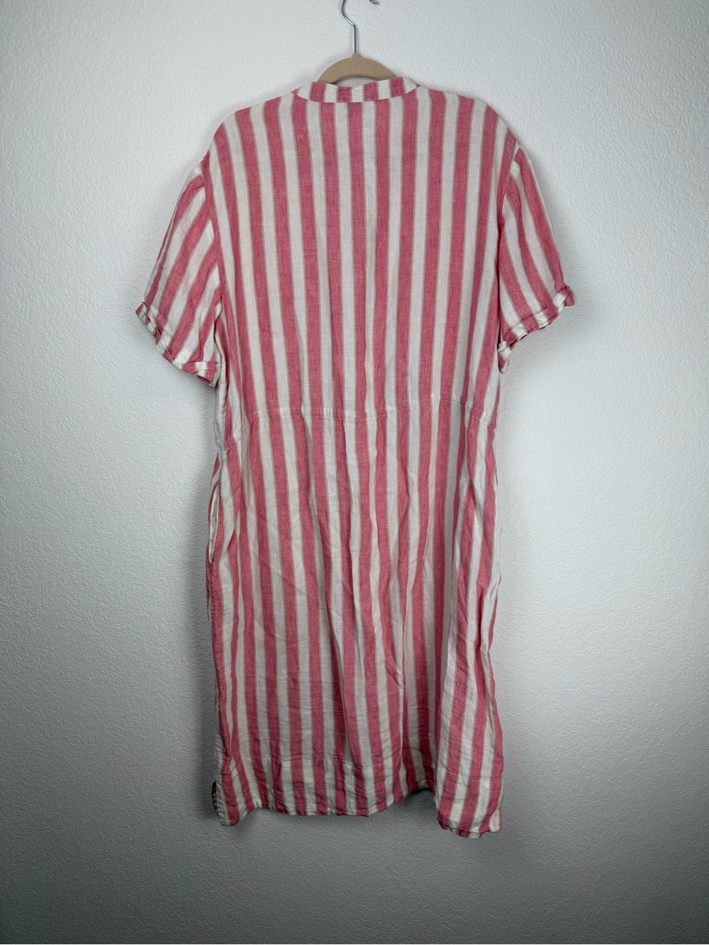 Jaeger Shop Pure Linen Striped Midi Waisted Dress Pink white 18/Large - Picture 5 of 14